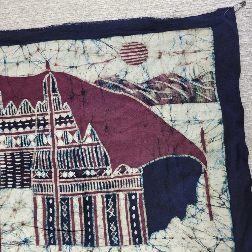 African Batik Dye Art Wall Hanging Camel Caravan Village Scene Tapestry Signed